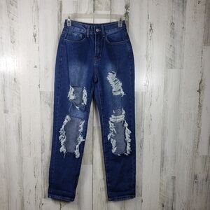 Shein high rise straight leg ripped denim blue jeans women's size XS